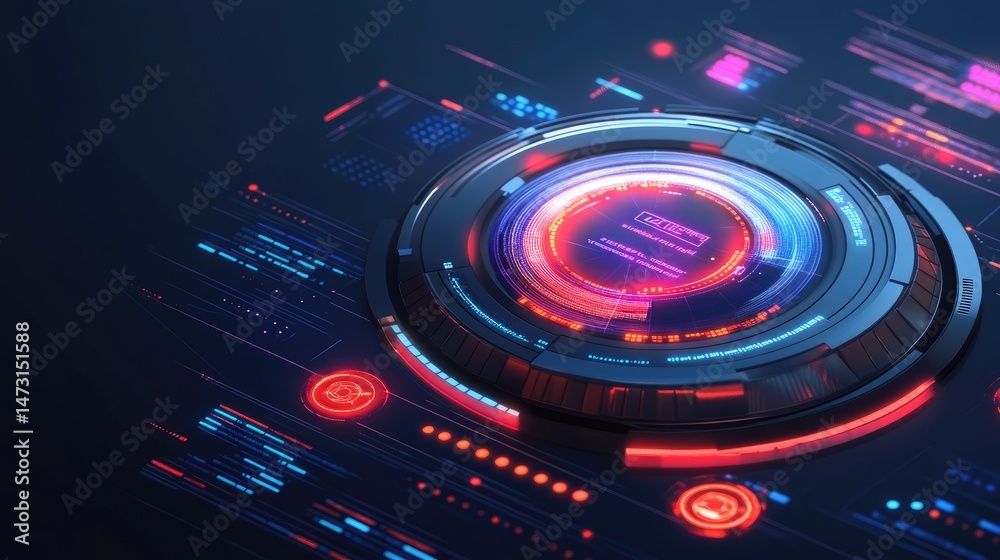 Poster a d digital hologram with neon light grids, data points, and floating tech-inspired elements in a fu