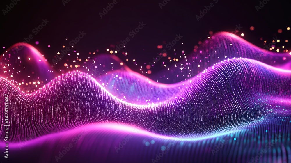Poster a d digital hologram with neon light grids, data points, and floating tech-inspired elements in a fu