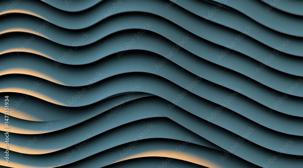 Wall mural abstract wavy layered design in muted tones. deep blue, light gold highlights create a three-dimensi