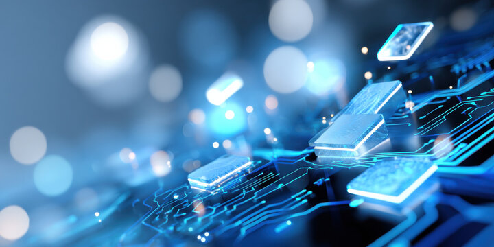 Abstract digital circuit board with glowing blue microchips and bokeh lights, representing high-tech innovation and futuristic technology. : Generative AI