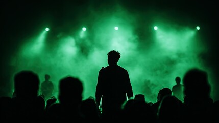 Silhouettes of concertgoers and performers illuminated by green stage lights.