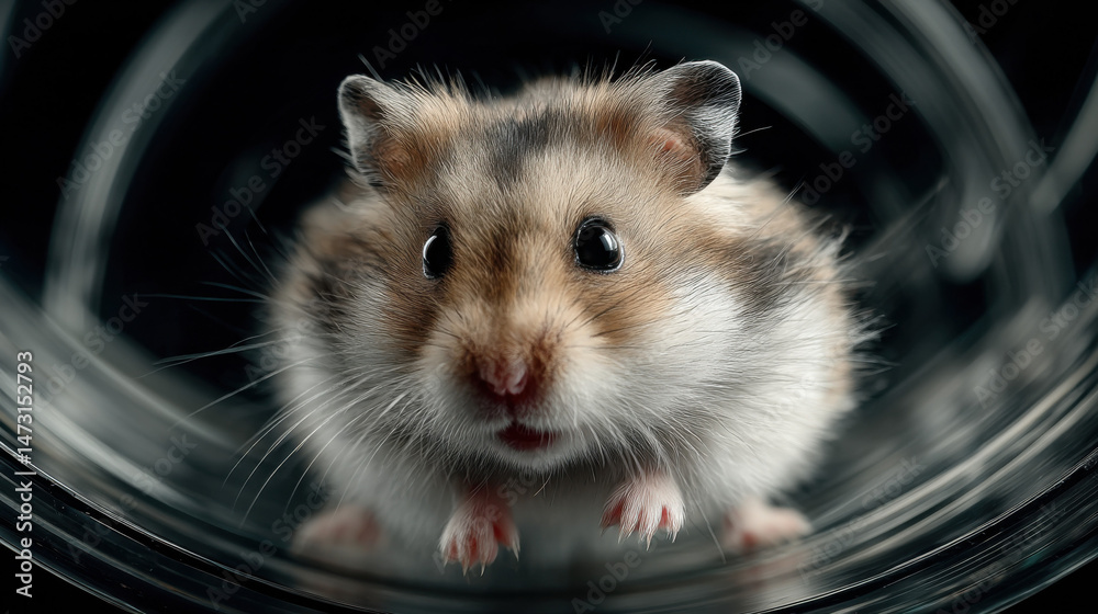 Poster adorable syrian hamster peering from inside a clear glass container, showcasing its fluffy fur and c