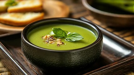 Creamy green soup served in a rustic bowl with garnishes and toasted bread on a wooden table