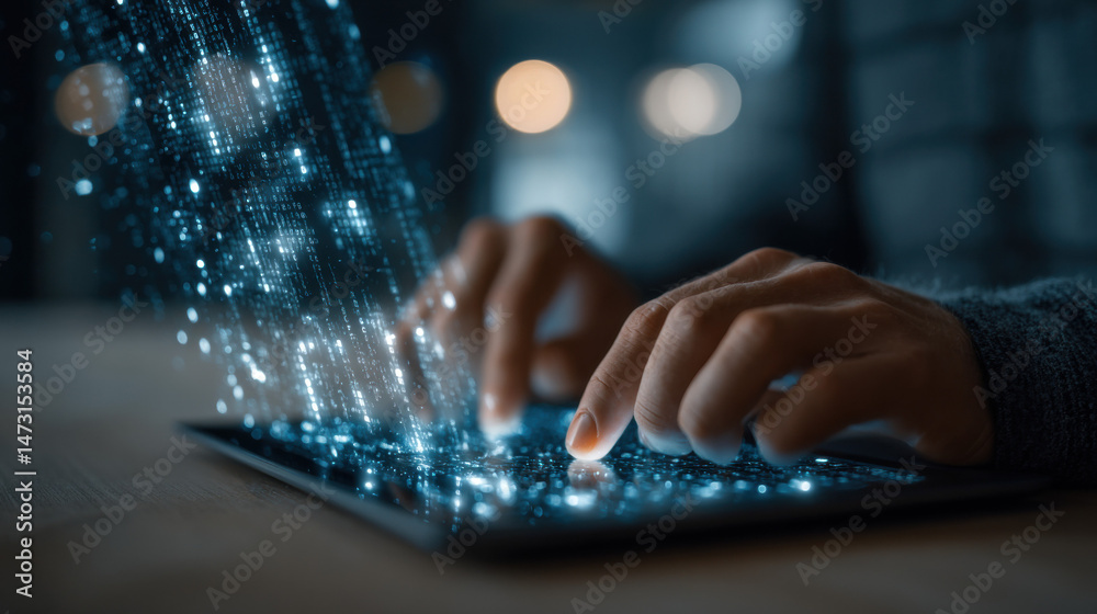 Poster Close-up of hands using a tablet, digital data streams flow from the screen, glowing blue light, night setting. : Generative AI