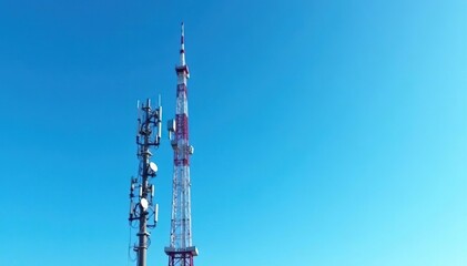 Obraz premium Tall broadcast tower against a clear blue sky Antennae and support structures visible , aerial, radio tower