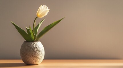 Minimalist still life showing single white tulip arranged textured ceramic vase placed wooden table surface soft natural lighting clean neutral background elegant serene home decor setup cut out