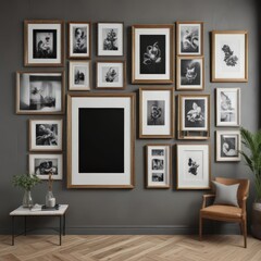 Fototapeta premium Stylish gallery wall, assorted frame sizes and orientations, trendy decor, photography, textures, frames