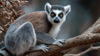 Obraz premium A ring-tailed lemur sits perched on a tree branch, its striking orange eyes captivating the viewer. The lemur's fur is a mix of grey, brown, and white, contrasting beautifully with th : Generative AI