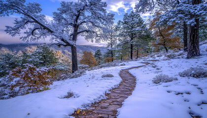 Serene snow-covered path winding through a winter wonderland, showcasing frost-kissed trees and a breathtaking mountain view.