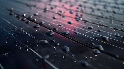 Fototapeta premium Close up shows raindrops on dark solar panels, with a soft, blurred background.