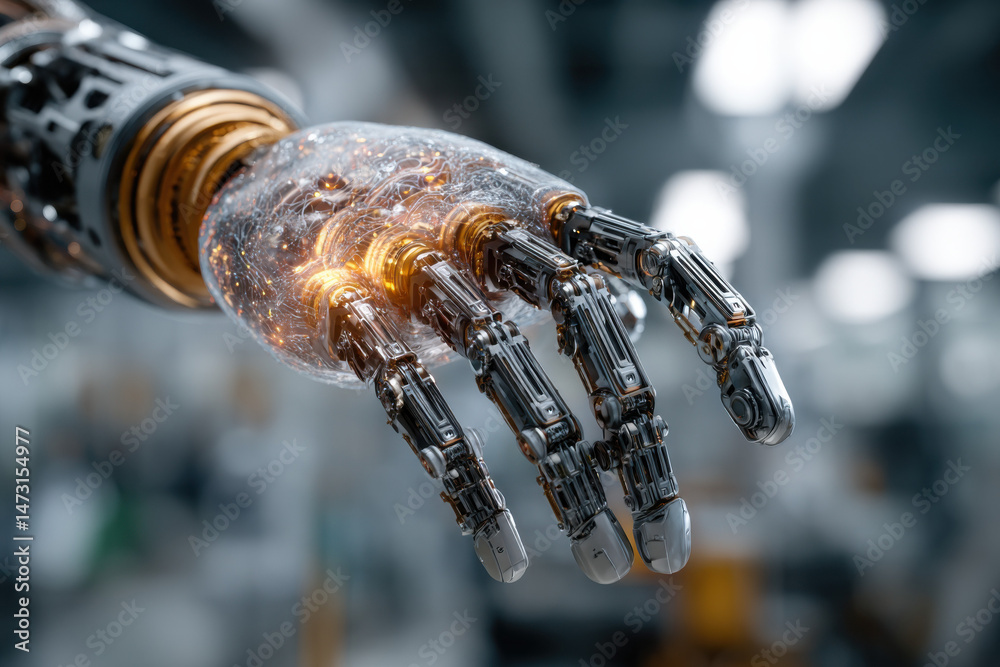 Aufkleber Close-up view of a futuristic robotic hand, showcasing intricate metallic joints and glowing internal mechanisms, suggesting advanced technology and artificial intelligence. : Generative AI