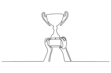 Continuous one line drawing of Hand holding trophy. Single line drawing illustration of People holding an awards cup. Achievement concept vector art. Doodle line illustration.