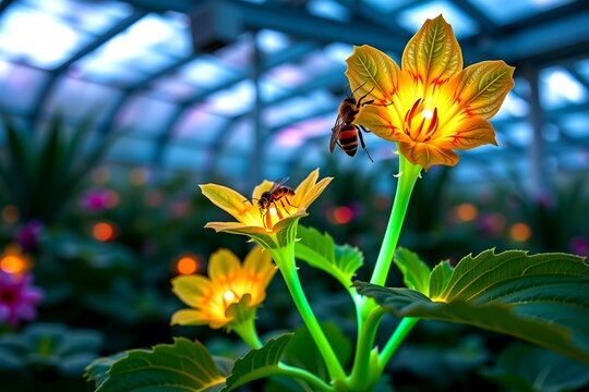 "a transgenic glowing plant with insect pollinators, futuristic greenhouse, ethereal bioluminescence, sci fi botanical style, shot on a 100mm macro lens."