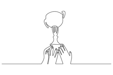 Continuous one line drawing of Hand holding trophy. Single line drawing illustration of People holding an awards cup. Achievement concept vector art. Doodle line illustration.