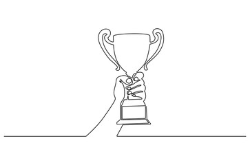 Continuous one line drawing of Hand holding trophy. Single line drawing illustration of People holding an awards cup. Achievement concept vector art. Doodle line illustration.
