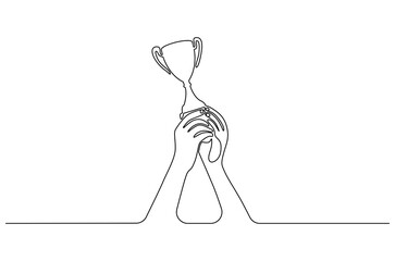 Continuous one line drawing of Hand holding trophy. Single line drawing illustration of People holding an awards cup. Achievement concept vector art. Doodle line illustration.