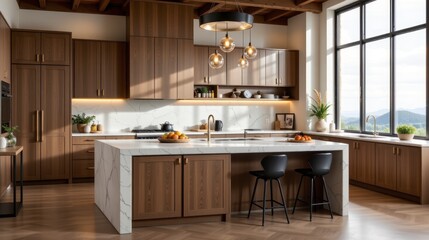 Modern Kitchen Interior with Wooden Cabinets, Marble Island, and Scenic Mountain View from Large Windows