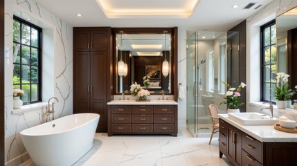 Elegant and Modern Bathroom Design Featuring Freestanding Tub, Stylish Vanities, and Natural Light