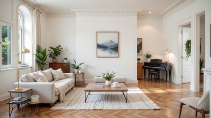 Bright and Modern Living Room with Cozy Furniture and Elegant Décor, Perfect for Home Interior Inspiration
