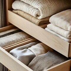 sustainable fashion concept Neatly arranged towels in a wooden drawer showcase minimalistic, soft textures and earthy tones.