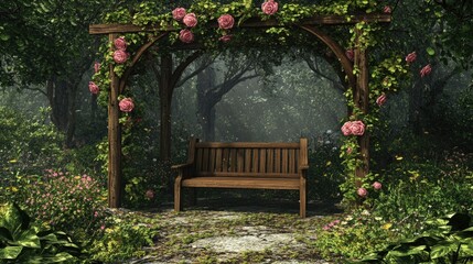 Obraz premium Cozy garden corner with trellis archway, rose vines, and wooden bench surrounded by greenery
