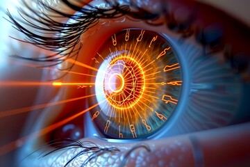 "An AR eye anatomy breakdown, iris projecting a laser grid while optic nerve data streams into a holographic ui, cybernetic ophthalmology lab, shot on a 100mm f/2