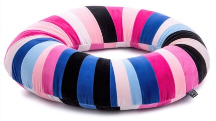Colorful Round Pillow with Stripes in Pink, Blue, and Black Tones