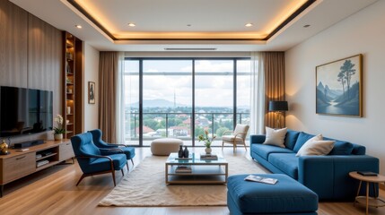 Modern Stylish Living Room Interior with Large Window and Scenic View