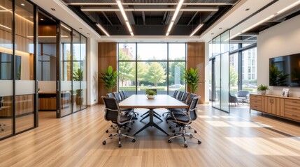 Modern Conference Room with Large Windows and Elegant Design in Sunlit Office Environment