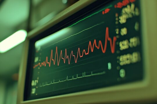 Close-up of a medical monitor displaying a patient's vital signs.  The monitor shows a fluctuating, red EKG tracing, overlaid on a dark display with numerical data