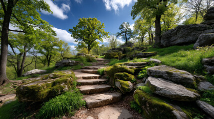 A stone path ascends through a lush forest towards the bright blue sky above
