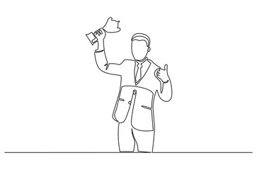 Continuous one line drawing of Business man holding up trophy cup. Single line drawing illustration of Young man holding trophy. Achievement concept vector art. Doodle line illustration.