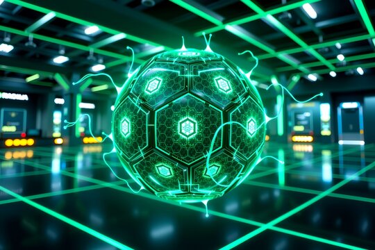 "a holographic soccer ball, hexagonal panels pulsing with neon green energy trails, floating in a futuristic training facility with laser grids, shot on a 24mm f/1