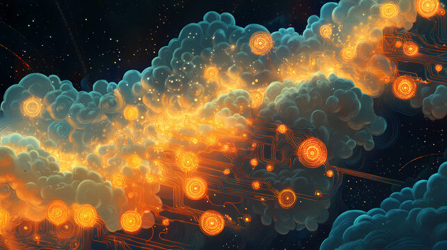 A digital cloud featuring circuitry patterns and glowing nodes that symbolize data flow and connectivity. [Abyssal Gardens] | Lantern Spores | shining cloud. Illustration
