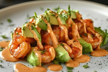 Grilled shrimp atop sliced avocado, drizzled with spicy sauce, garnished with cilantro and a sprinkle of spices