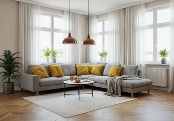 Fototapeta premium Living room interior with gray sofa, yellow pillows and white rug