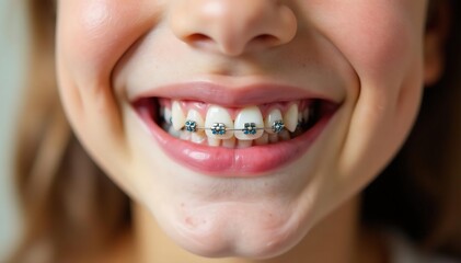 Obraz premium Smiling child's mouth with braces, healthy teeth, dental hygiene , braces, white, dentistry