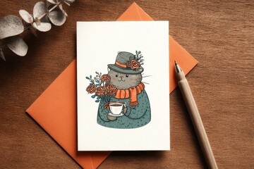 Cute cat wearing a hat and scarf holding a cup of coffee, adorned with flowers.