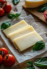 Fresh cheese slices with vibrant tomatoes and fragrant basil on rustic wooden background, perfect for culinary and food art projects