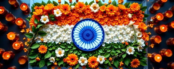 "a breathtaking aerial view of the indian national flag (2:3 ratio) meticulously crafted from fresh marigold flowers (pantone 158 c orange), white chrysanthemums (pantone 11 0601 tcx)