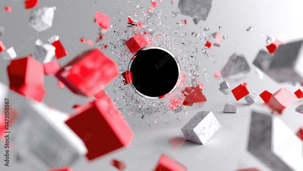 Poster Abstract 3D render of red and white cubes exploding around a circular black frame, creating a dynamic and energetic composition. : Generative AI