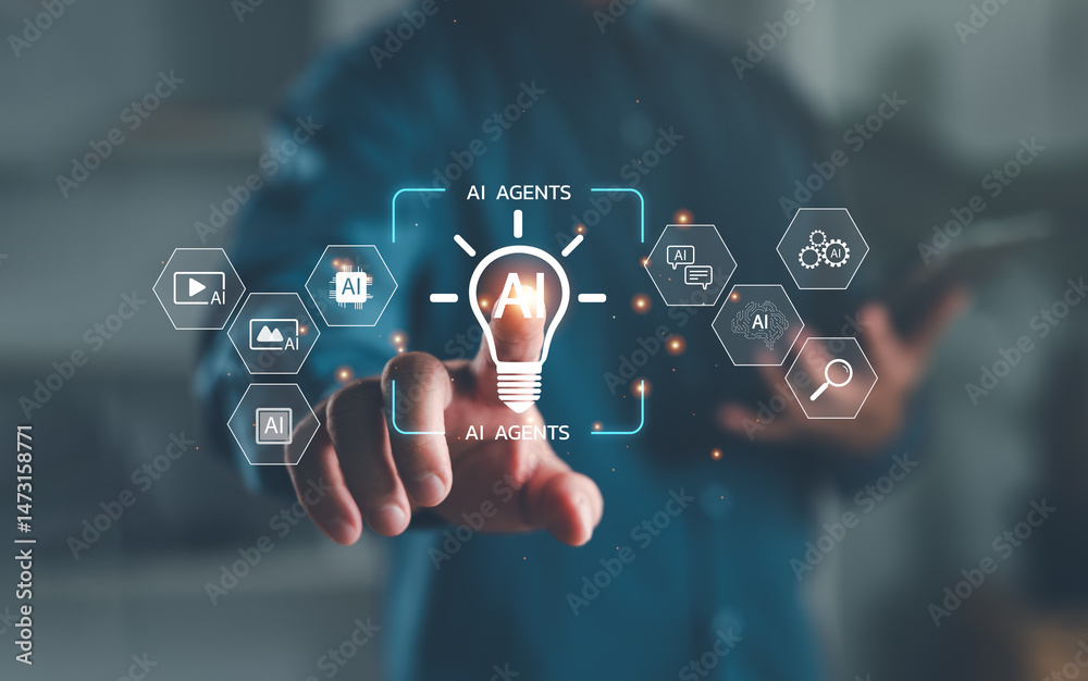 Poster businessman interacting with ai agents interface, illustrating artificial intelligence innovation, a