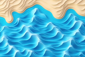 Obraz premium Abstract top view of blue ocean waves meeting sandy beach with layered 3D effect. Modern summer seascape design background.
