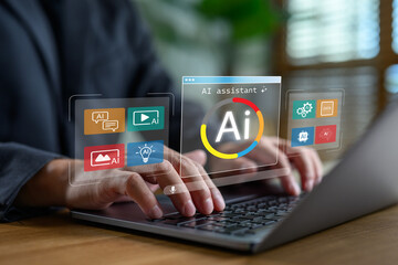 Hands typing on laptop with AI assistant interface for multimedia, data, and smart technology, illustrating artificial intelligence tools for productivity, automation, and content creation.