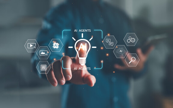Businessman interacting with AI agents interface, illustrating artificial intelligence innovation, automation, data processing, and digital transformation technologies.