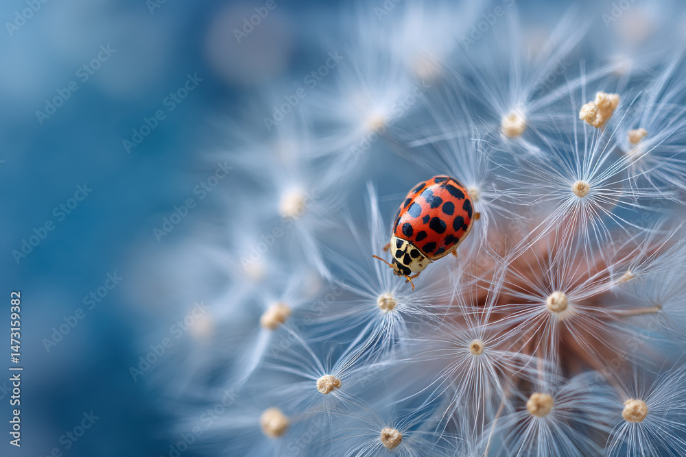 Aufkleber a ladybug with black and red spots delicately perched atop a dandelion seed head, against a soft blu