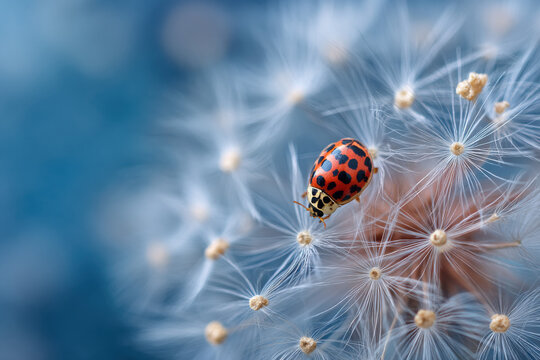 A ladybug with black and red spots delicately perched atop a dandelion seed head, against a soft blue backdrop. The image showcases intricate details of both the insect and the flower. : Generative AI