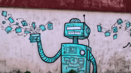 A teal robot graffiti art on a weathered wall, holding a data packet, with numerous data packets flowing from its arm, depicting data transfer or communication. : Generative AI