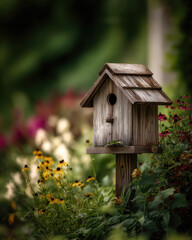 Naklejka premium Rustic wooden birdhouse stands in a vibrant garden, surrounded by blooming yellow flowers and lush green foliage, creating a tranquil outdoor scene. : Generative AI