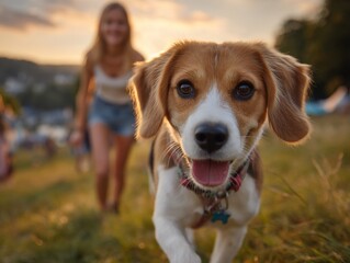 Beagle puppy runs towards camera, woman in the background, sun sets in golden light